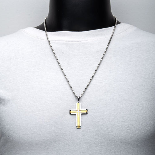 Men’s 18K Gold Steel Lab-Grown Diamond Cross Pendant