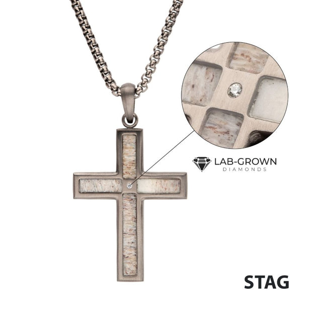 Gun Metal IP Steel Matte Finish Deer Antler Inlay with Lab-Grown Diamond Cross Pendant