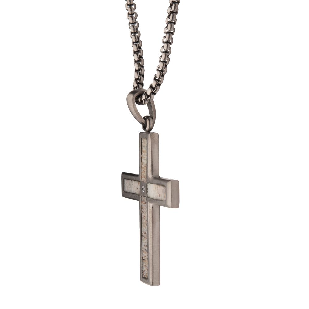 Men’s Gunmetal Steel Deer Antler Cross Pendant with Lab-Grown Diamond
