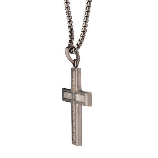 Men’s Gunmetal Steel Deer Antler Cross Pendant with Lab-Grown Diamond