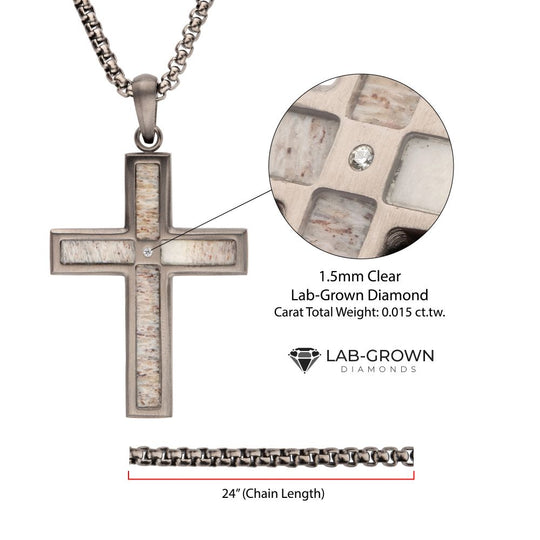 Men’s Gunmetal Steel Deer Antler Cross Pendant with Lab-Grown Diamond