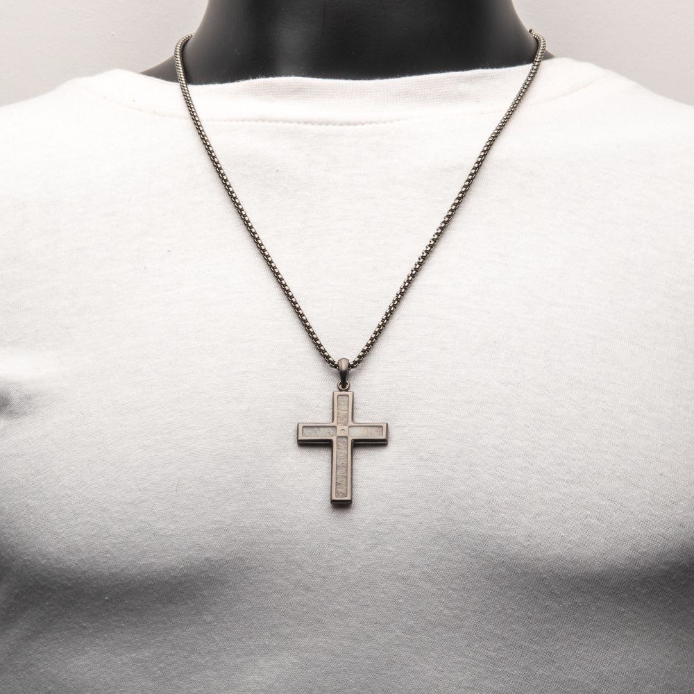Men’s Gunmetal Steel Deer Antler Cross Pendant with Lab-Grown Diamond