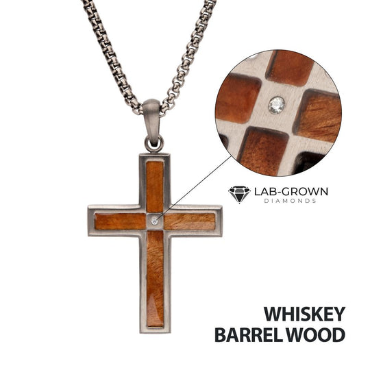 Men’s Gunmetal Steel Whiskey Barrel Wood Cross Pendant with Lab-Grown Diamond