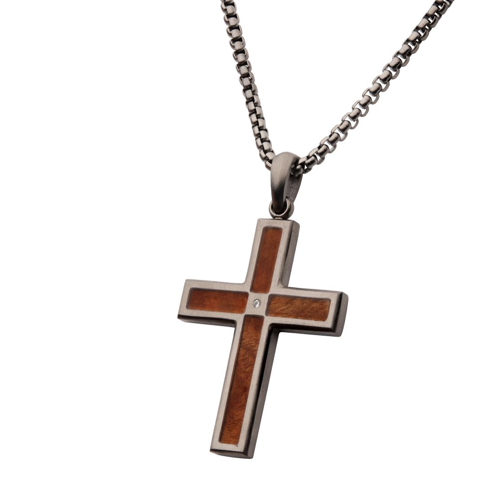 Men’s Gunmetal Steel Whiskey Barrel Wood Cross Pendant with Lab-Grown Diamond