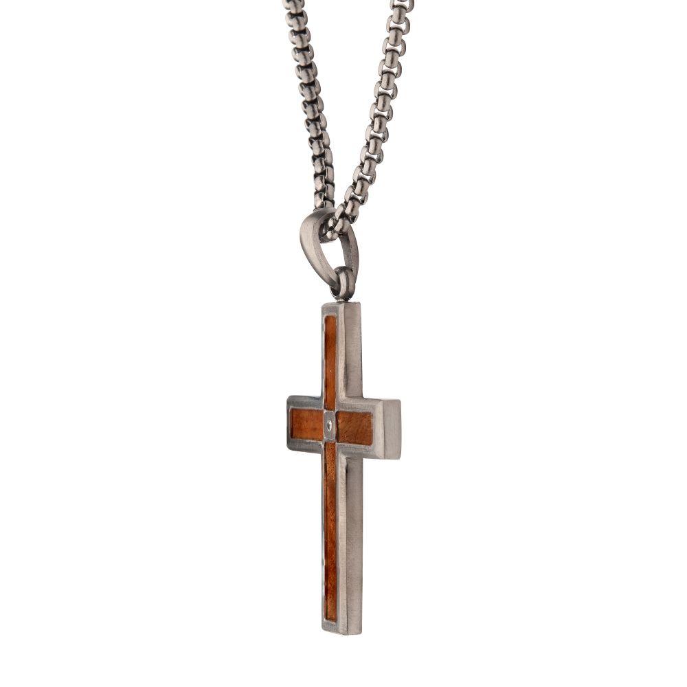 Men’s Gunmetal Steel Whiskey Barrel Wood Cross Pendant with Lab-Grown Diamond