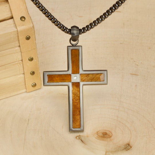 Men’s Gunmetal Steel Whiskey Barrel Wood Cross Pendant with Lab-Grown Diamond