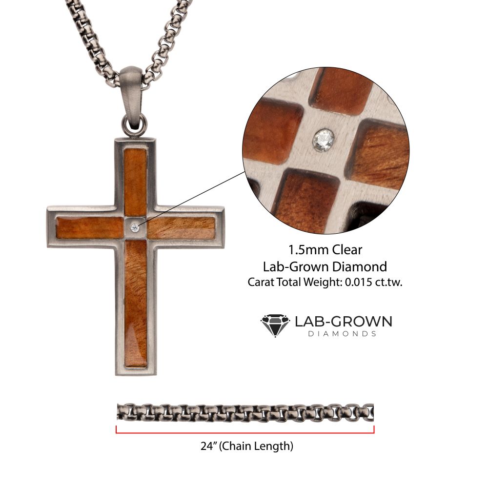 Men’s Gunmetal Steel Whiskey Barrel Wood Cross Pendant with Lab-Grown Diamond