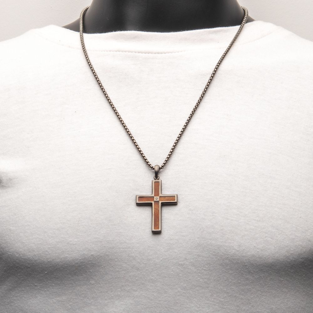 Men’s Gunmetal Steel Whiskey Barrel Wood Cross Pendant with Lab-Grown Diamond