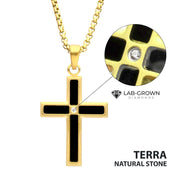 18Kt Gold IP Matte Finish Steel Black Onyx Stone Inlay with Lab-Grown Diamond Cross Pendant