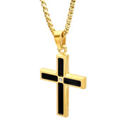 18Kt Gold IP Matte Finish Steel Black Onyx Stone Inlay with Lab-Grown Diamond Cross Pendant