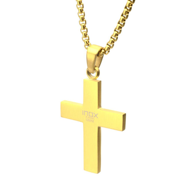 18Kt Gold IP Matte Finish Steel Black Onyx Stone Inlay with Lab-Grown Diamond Cross Pendant