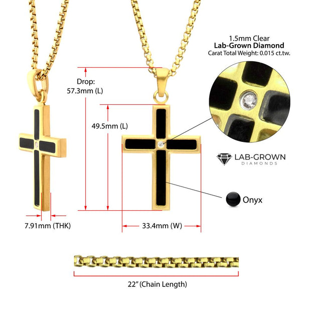18Kt Gold IP Matte Finish Steel Black Onyx Stone Inlay with Lab-Grown Diamond Cross Pendant