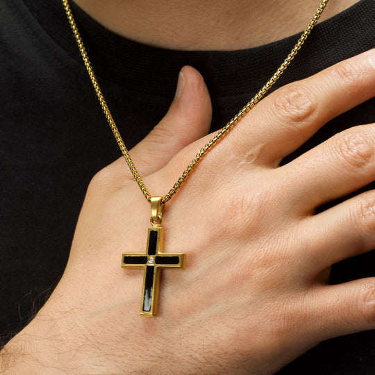 18Kt Gold IP Matte Finish Steel Black Onyx Stone Inlay with Lab-Grown Diamond Cross Pendant