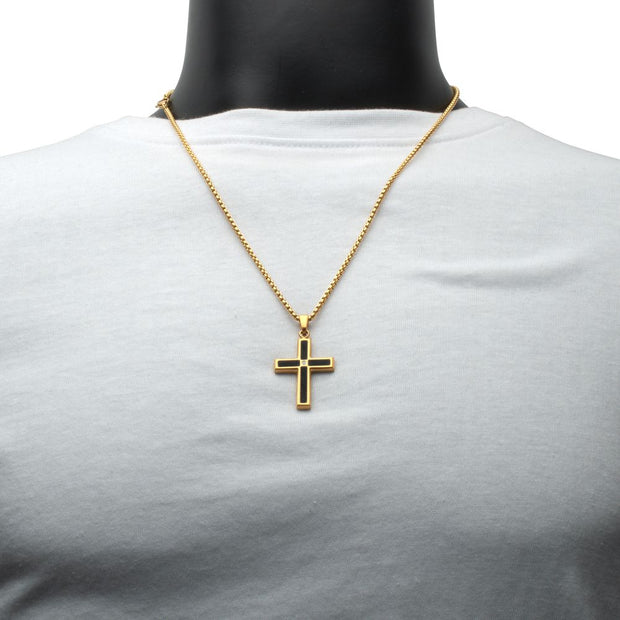 18Kt Gold IP Matte Finish Steel Black Onyx Stone Inlay with Lab-Grown Diamond Cross Pendant
