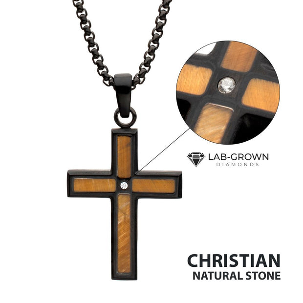 Matte Black IP Steel Tiger Eye Stone Inlay Cross Pendant with Lab-Grown Diamond