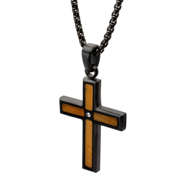Matte Black IP Steel Tiger Eye Stone Inlay Cross Pendant with Lab-Grown Diamond