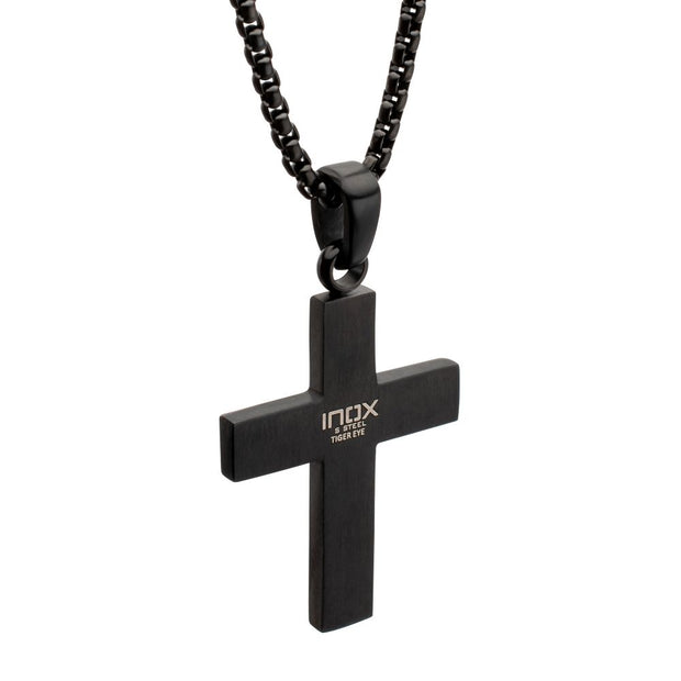 Matte Black IP Steel Tiger Eye Stone Inlay Cross Pendant with Lab-Grown Diamond