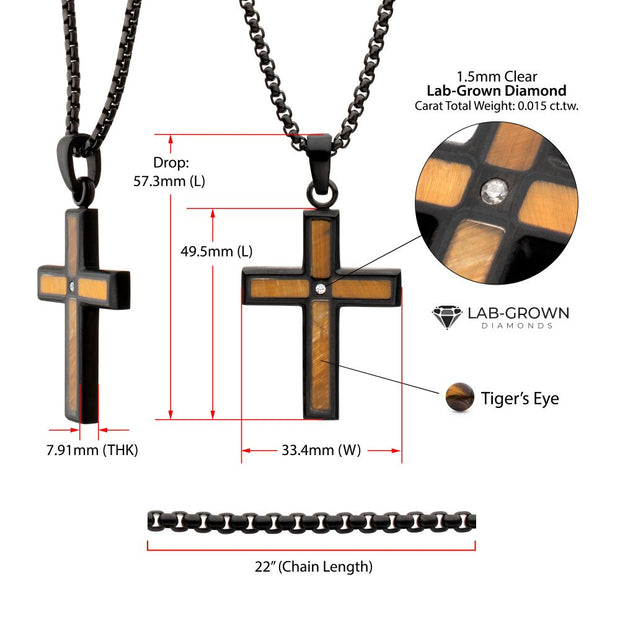 Matte Black IP Steel Tiger Eye Stone Inlay Cross Pendant with Lab-Grown Diamond