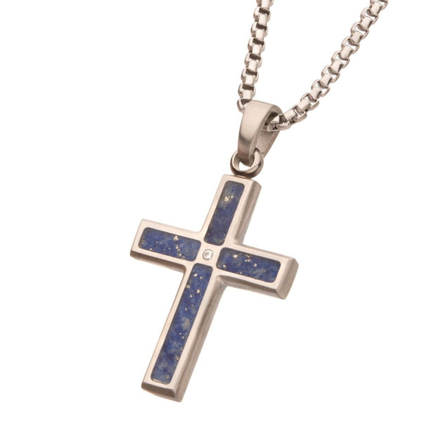 Matte Finish Stainless Steel Lapis Lazuli Stone Inlay with Lab-Grown Diamond Cross Pendant