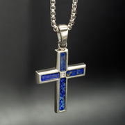 Matte Finish Stainless Steel Lapis Lazuli Stone Inlay with Lab-Grown Diamond Cross Pendant