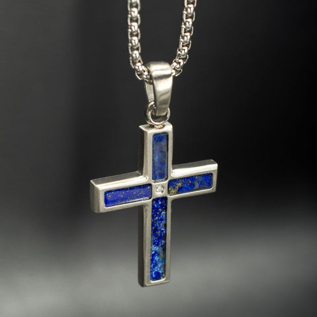 Matte Finish Stainless Steel Lapis Lazuli Stone Inlay with Lab-Grown Diamond Cross Pendant