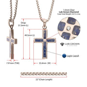 Matte Finish Stainless Steel Lapis Lazuli Stone Inlay with Lab-Grown Diamond Cross Pendant