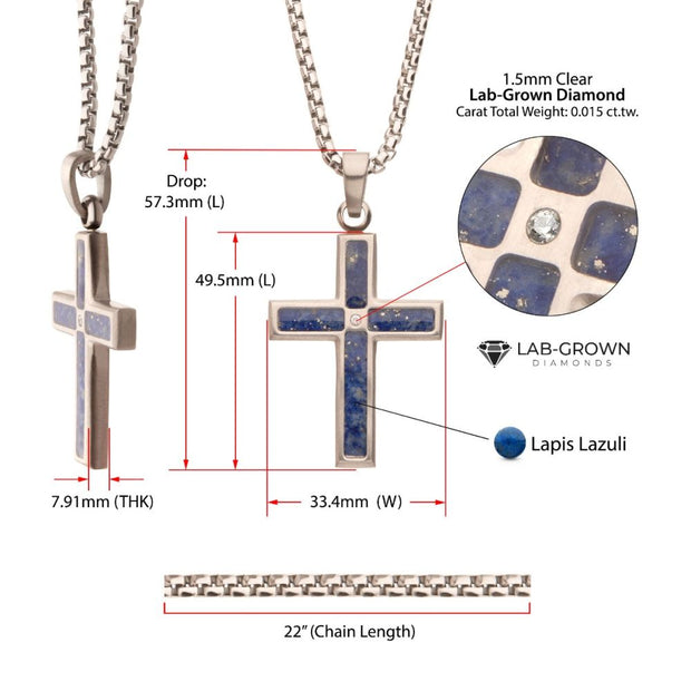 Matte Finish Stainless Steel Lapis Lazuli Stone Inlay with Lab-Grown Diamond Cross Pendant