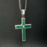 Matte Finish Stainless Steel Malachite Stone Inlay with Lab-Grown Diamond Cross Pendant