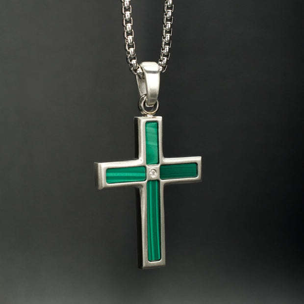 Matte Finish Stainless Steel Malachite Stone Inlay with Lab-Grown Diamond Cross Pendant