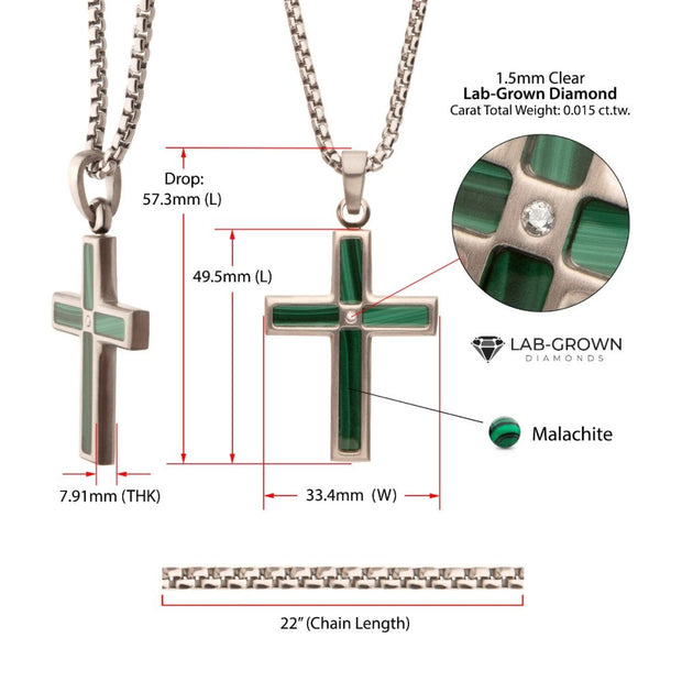 Matte Finish Stainless Steel Malachite Stone Inlay with Lab-Grown Diamond Cross Pendant
