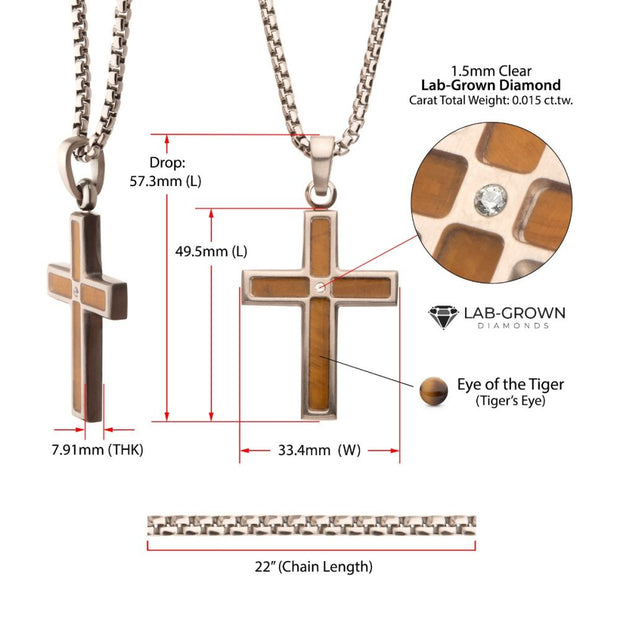 Matte Finish Stainless Steel Tiger Eye Stone Inlay with Lab-Grown Diamond Cross Pendant
