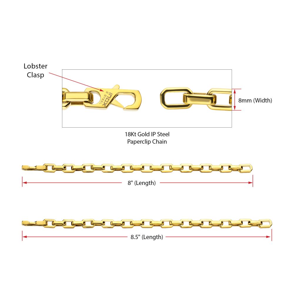 Men's 8mm Polished Finish 18Kt Gold IP Steel Paperclip Chain Bracelet
