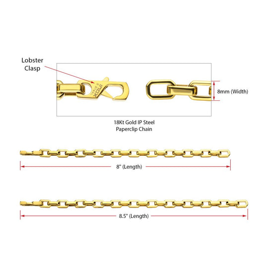 Men's 8mm Polished Finish 18Kt Gold IP Steel Paperclip Chain Bracelet