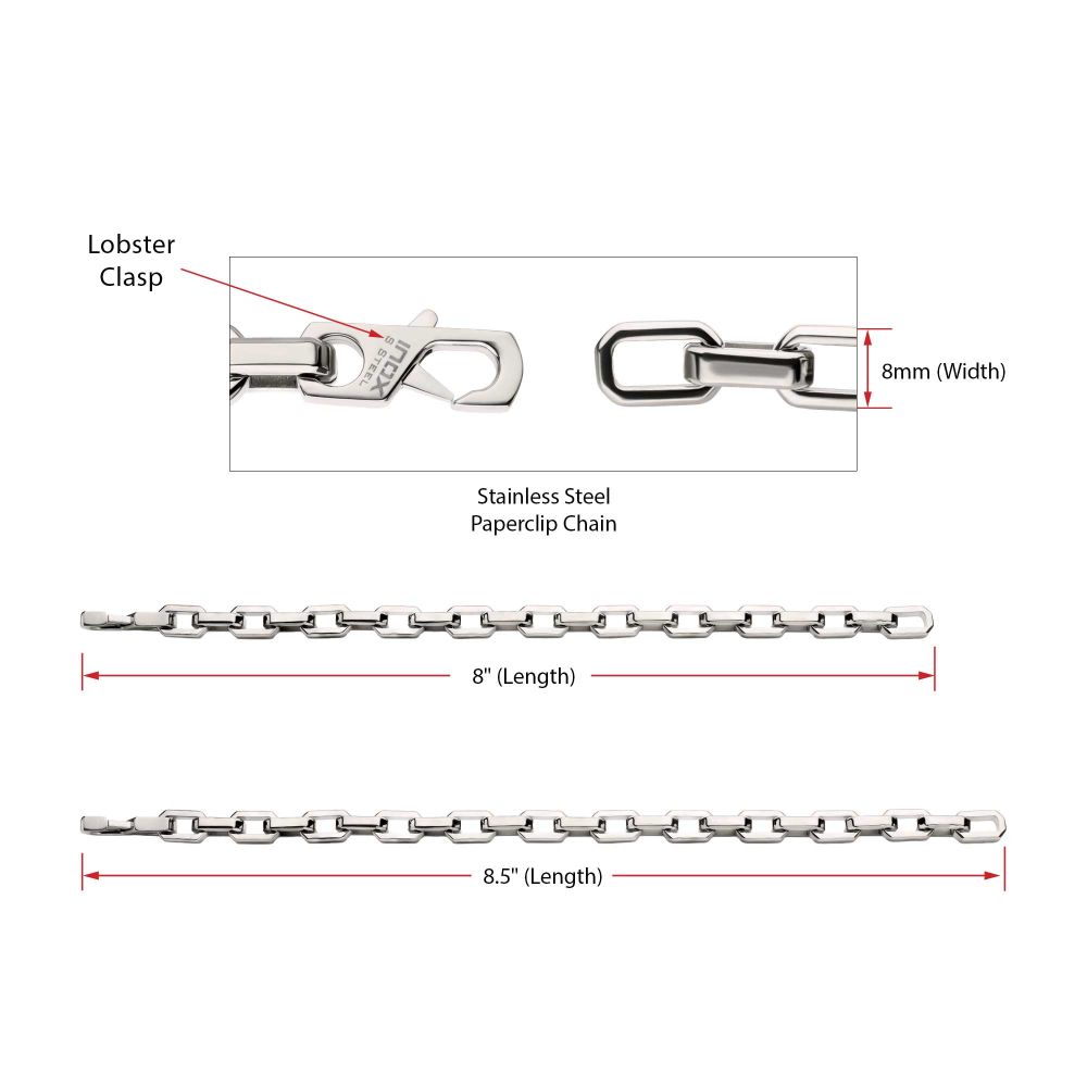 Men's 8mm Polished Finish Stainless Steel Paperclip Chain Bracelet