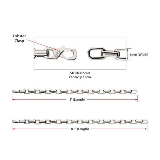 Men's 8mm Polished Finish Stainless Steel Paperclip Chain Bracelet