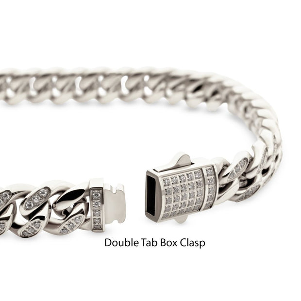 Men’s 8mm Stainless Steel Miami Cuban Chain Bracelet with CNC-Set Clear Cubic Zirconia & Double Tab Clasp