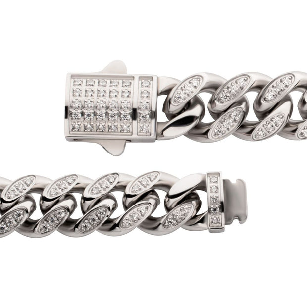 Men’s 8mm Stainless Steel Miami Cuban Chain Bracelet with CNC-Set Clear Cubic Zirconia & Double Tab Clasp