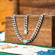 Men’s 8mm Stainless Steel Miami Cuban Chain Bracelet with CNC-Set Clear Cubic Zirconia & Double Tab Clasp