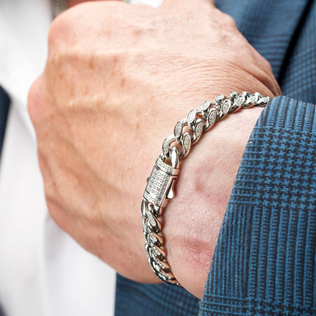 Men’s 8mm Stainless Steel Miami Cuban Chain Bracelet with CNC-Set Clear Cubic Zirconia & Double Tab Clasp