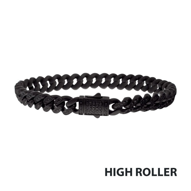 Men’s 8mm Black IP Steel Miami Cuban Chain Bracelet with CNC-Set Black Spinel & Double Tab Clasp