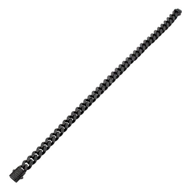 Men’s 8mm Black IP Steel Miami Cuban Chain Bracelet with CNC-Set Black Spinel & Double Tab Clasp