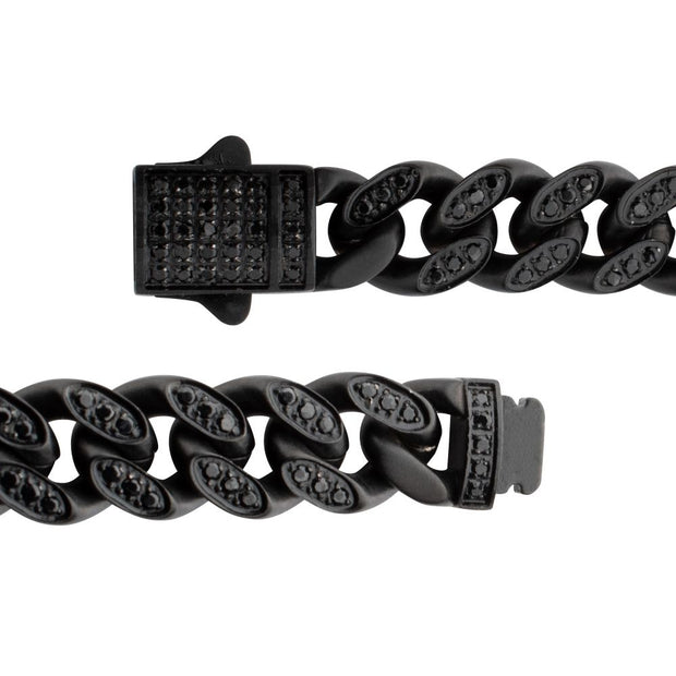 Men’s 8mm Black IP Steel Miami Cuban Chain Bracelet with CNC-Set Black Spinel & Double Tab Clasp