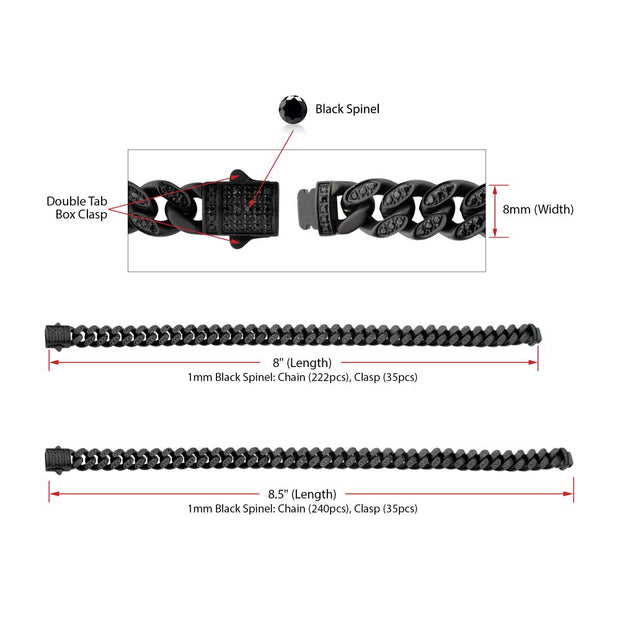 Men’s 8mm Black IP Steel Miami Cuban Chain Bracelet with CNC-Set Black Spinel & Double Tab Clasp