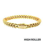 Men’s 8mm 18K Gold IP Steel Miami Cuban Chain Bracelet with CNC-Set Clear Cubic Zirconia