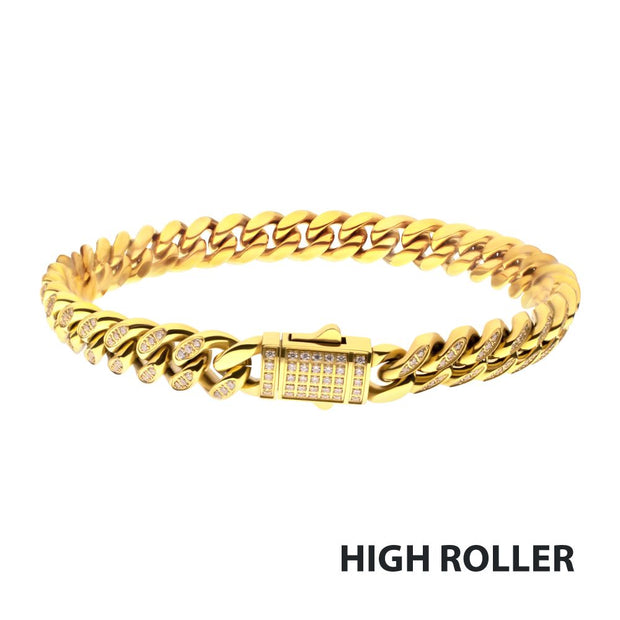 Men’s 8mm 18K Gold IP Steel Miami Cuban Chain Bracelet with CNC-Set Clear Cubic Zirconia