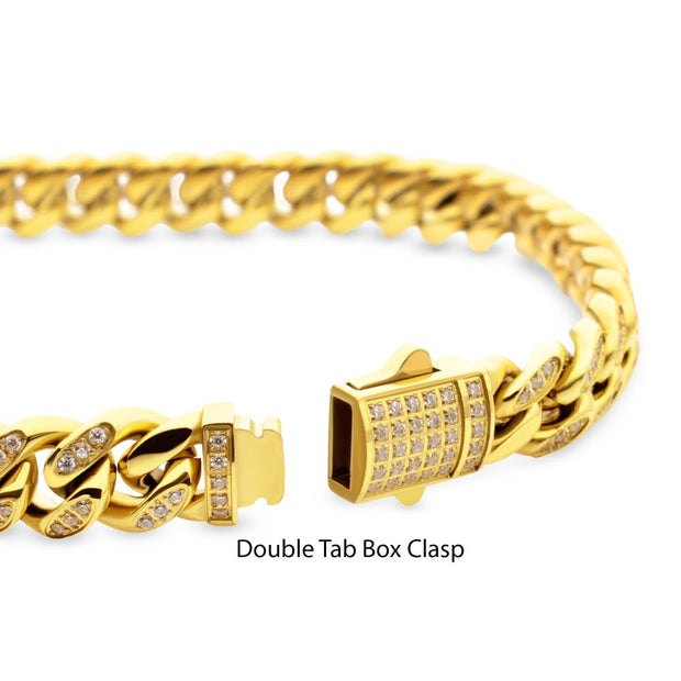 Men’s 8mm 18K Gold IP Steel Miami Cuban Chain Bracelet with CNC-Set Clear Cubic Zirconia