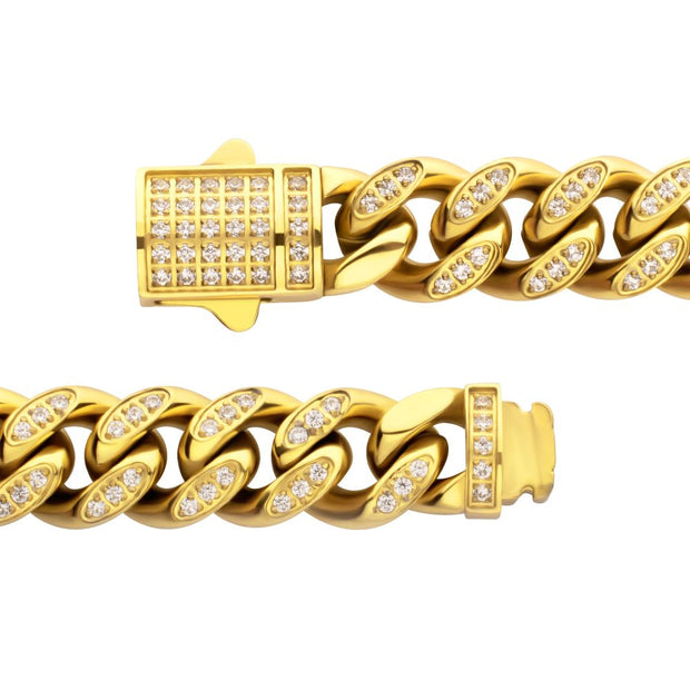 Men’s 8mm 18K Gold IP Steel Miami Cuban Chain Bracelet with CNC-Set Clear Cubic Zirconia