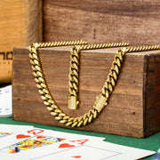 Men’s 8mm 18K Gold IP Steel Miami Cuban Chain Bracelet with CNC-Set Clear Cubic Zirconia