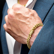 Men’s 8mm 18K Gold IP Steel Miami Cuban Chain Bracelet with CNC-Set Clear Cubic Zirconia