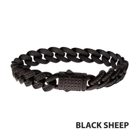Men’s 12mm Matte Black Cuban Bracelet with CNC-Set Black Spinel & Double Tab Box Clasp